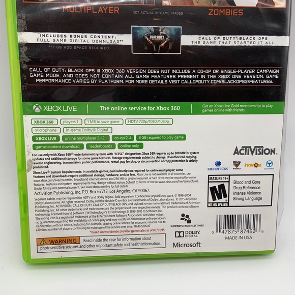 Xbox 360 Call of Duty Black Ops III Game Preowened w/ Case Microsoft - Picture 4 of 13